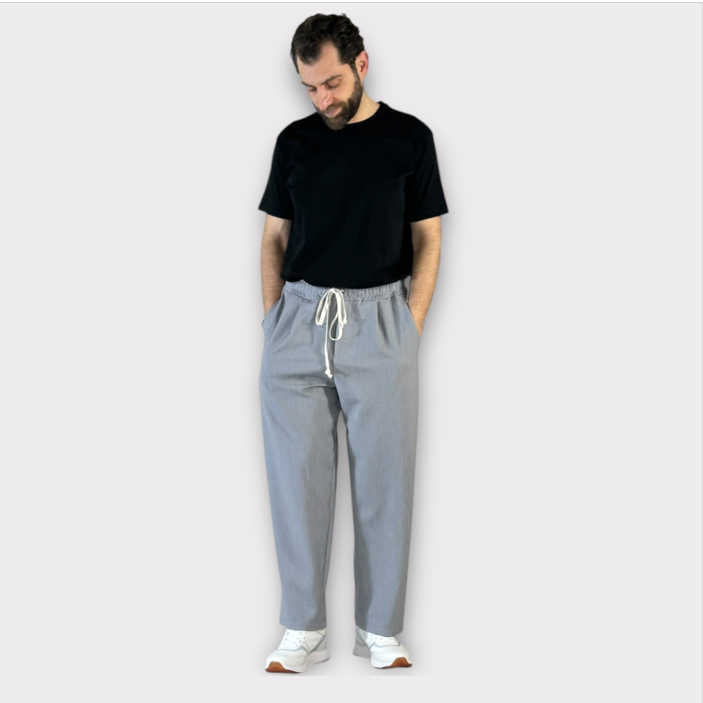 Παντελόνι Με Μεση Jogger Και Πιετα Easy Care Γκρι Ανοιχτο