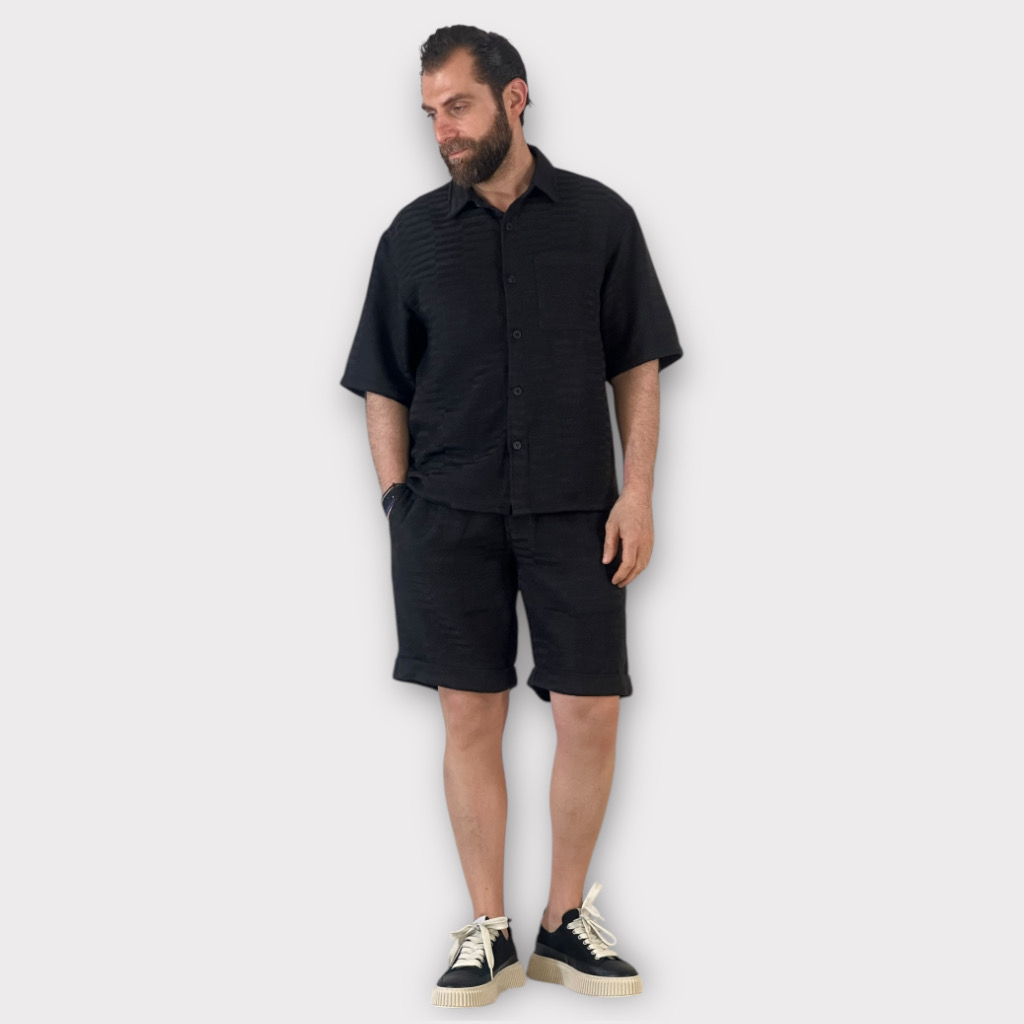 Πουκάμισο Κοντομάνικο Με Σχέδιο Ύφανσης Black
