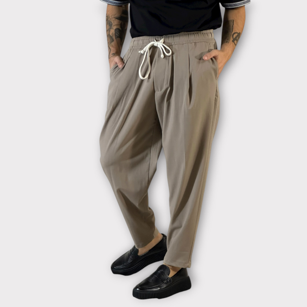 IMG 0254 Παντελόνι Με Μεση Jogger & Πιετες Μπεζ Σκούρο
