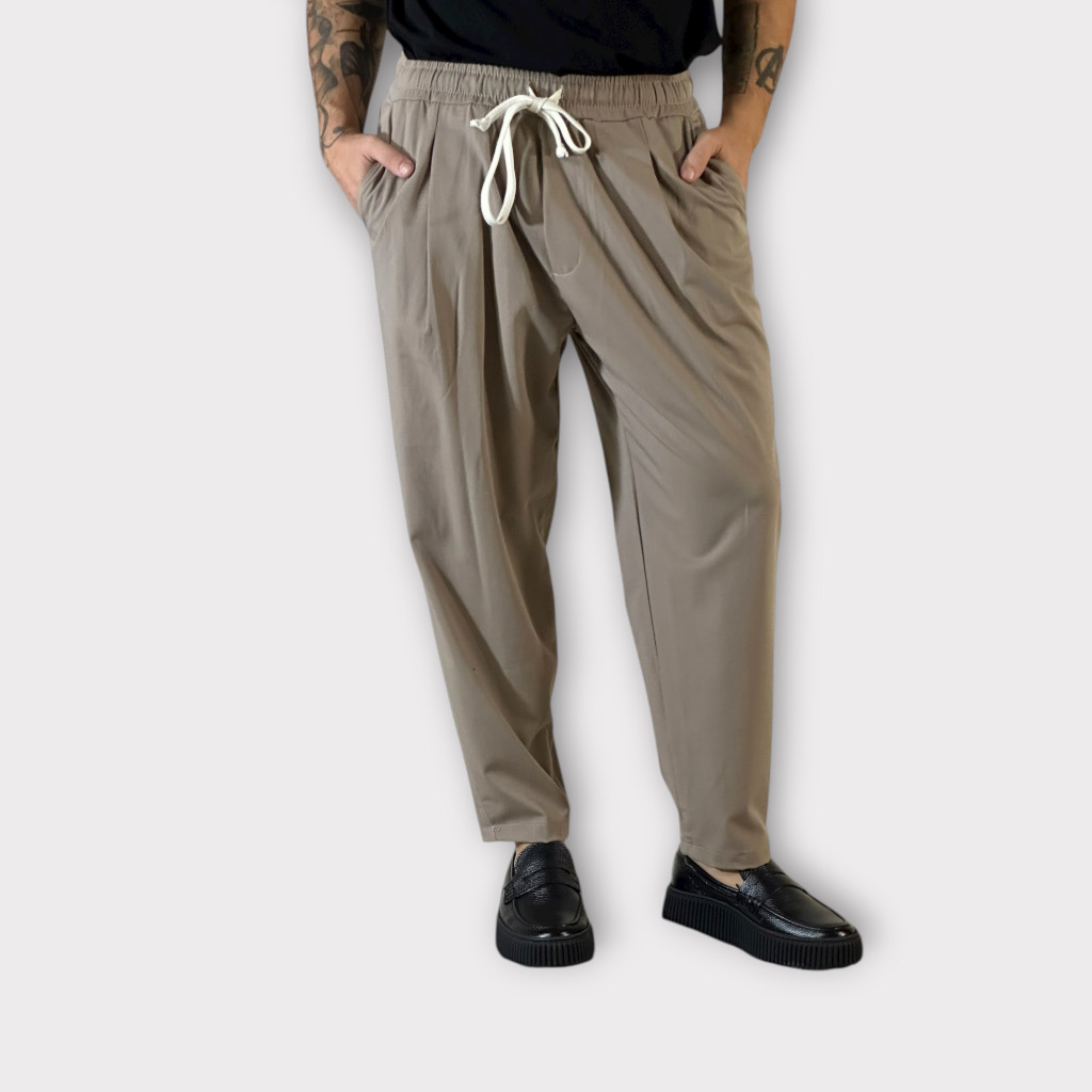 IMG 0255 Παντελόνι Με Μεση Jogger & Πιετες Μπεζ Σκούρο