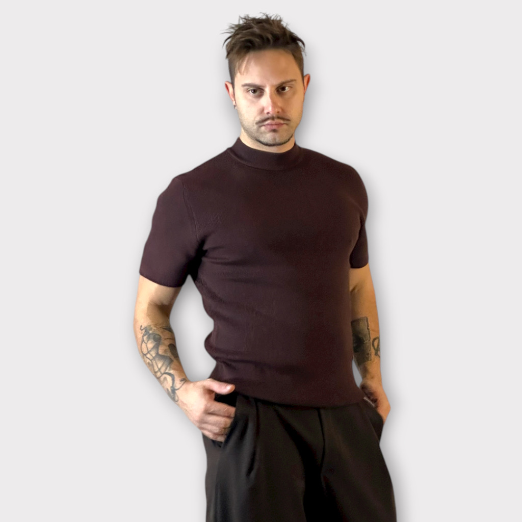 IMG 3234 Μock Νeck Coffee Πλεκτη κοντομάνικη