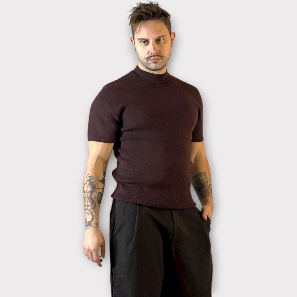 IMG 3235 Μock Νeck Coffee Πλεκτη κοντομάνικη