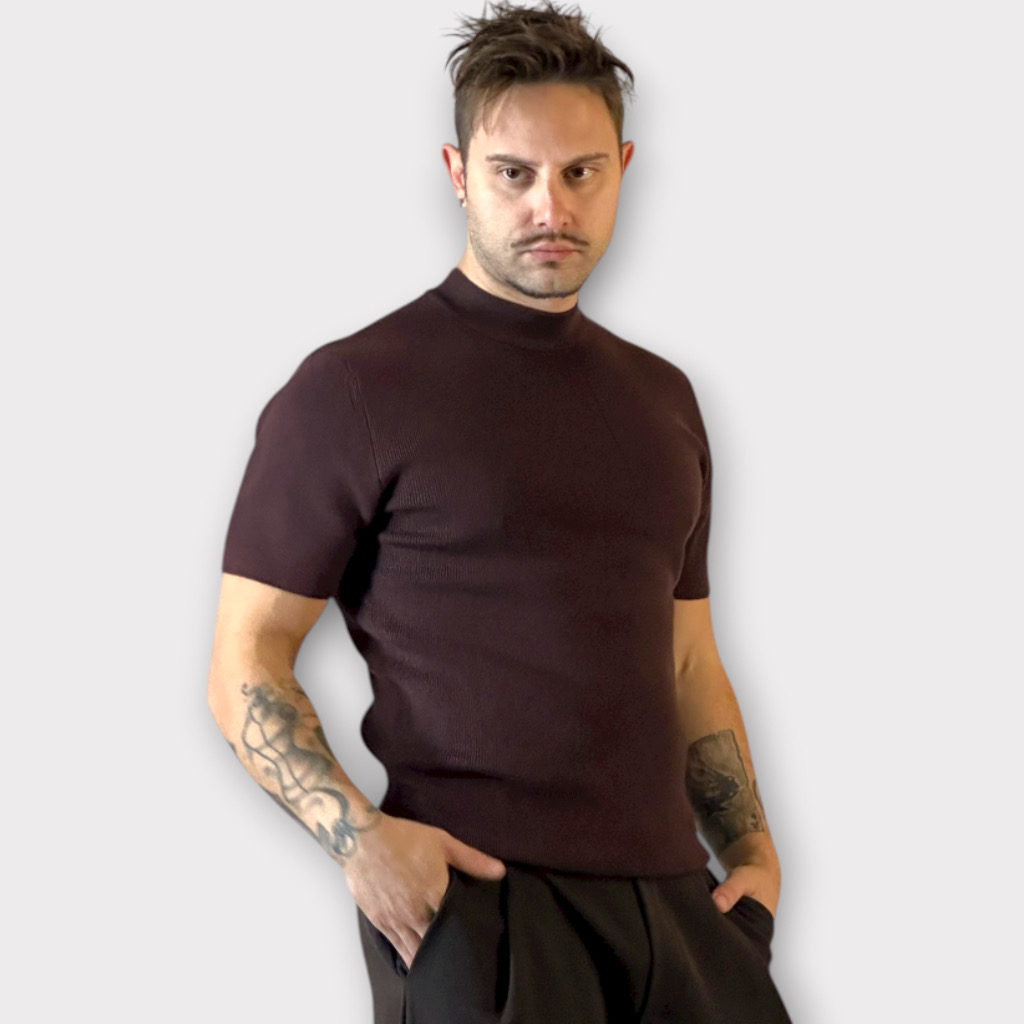 IMG 3238 Μock Νeck Coffee Πλεκτη κοντομάνικη