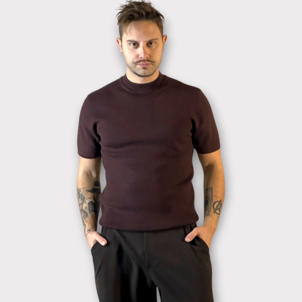 IMG 3239 Μock Νeck Coffee Πλεκτη κοντομάνικη