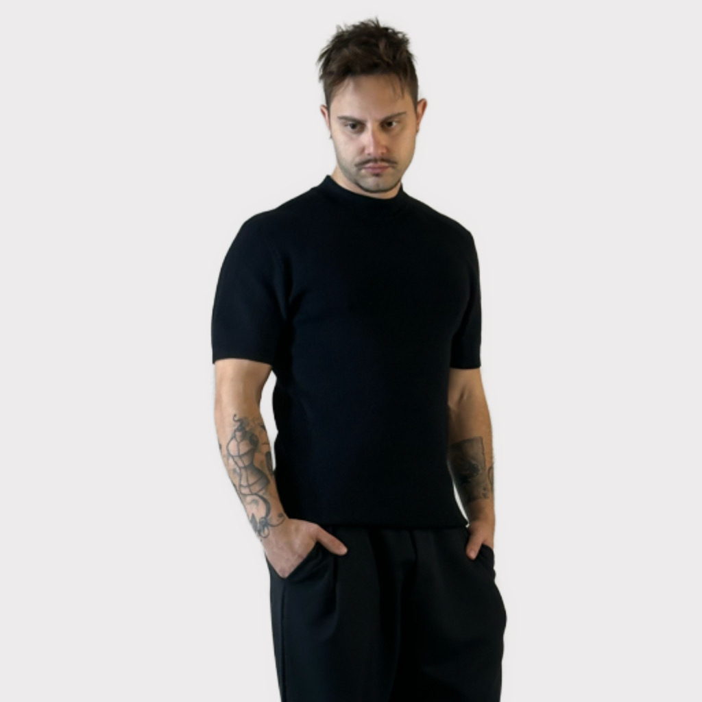 IMG 3465 Μock Νeck Black Πλεκτη κοντομάνικη