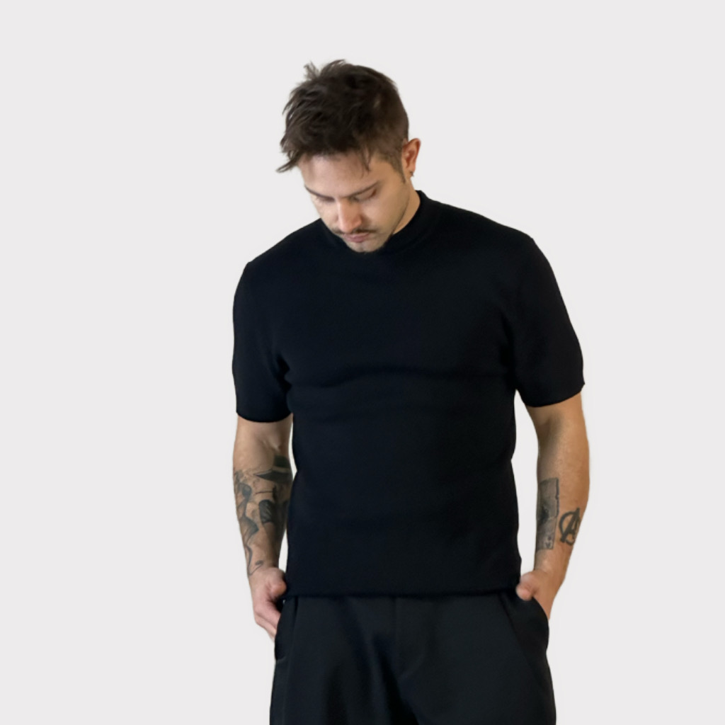 IMG 3467 Μock Νeck Black Πλεκτη κοντομάνικη