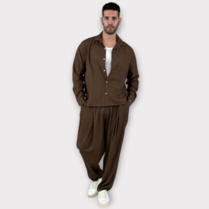 Παντελόνι Με Μεση Jogger Και Πιετες Easy Care Misto Lino Cacao