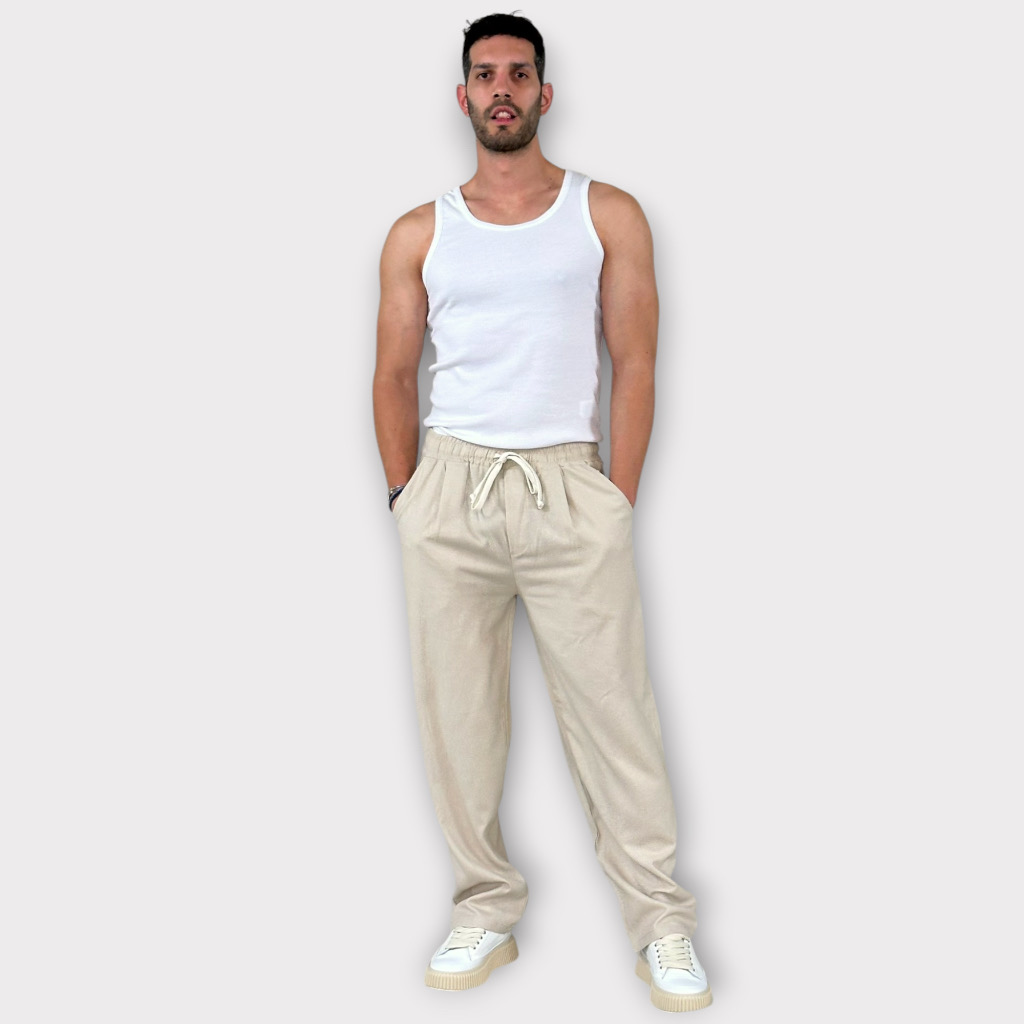 IMG 0190 Παντελόνι Με Μεση Jogger Easy Care Misto Lino Beige