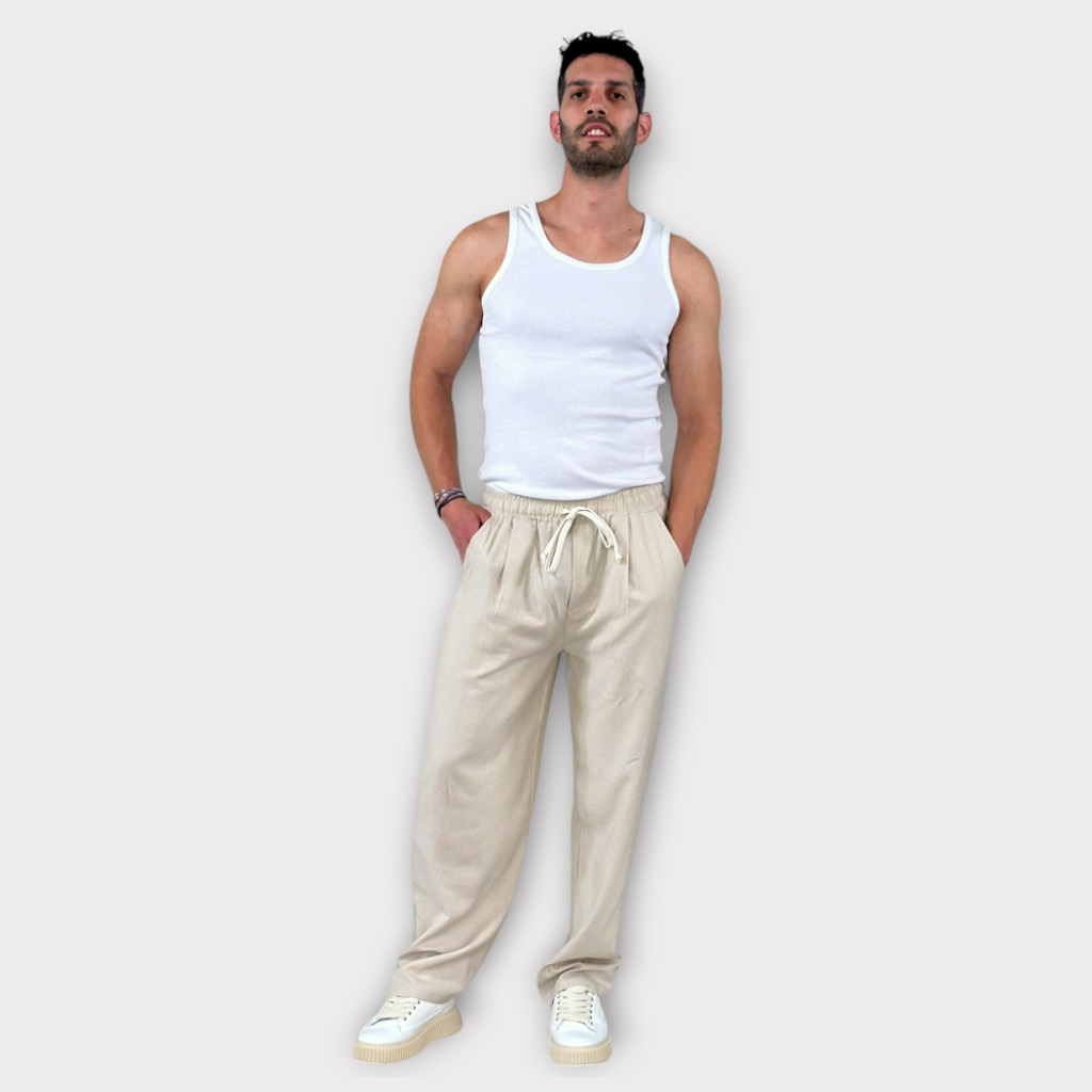 IMG 0191 Παντελόνι Με Μεση Jogger Easy Care Misto Lino Beige
