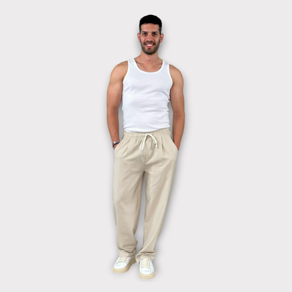 IMG 0193 Παντελόνι Με Μεση Jogger Easy Care Misto Lino Beige