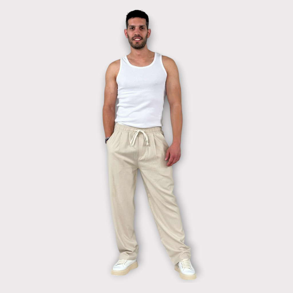 Παντελόνι Με Μεση Jogger Easy Care Misto Lino Beige