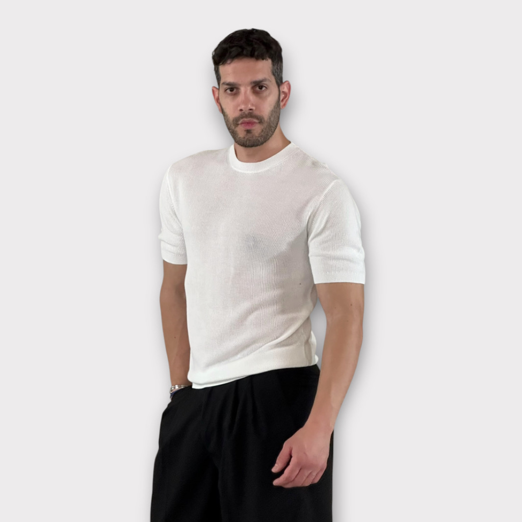 IMG 9825 Μπλούζα Νημάτινη Slim Fit Rice White