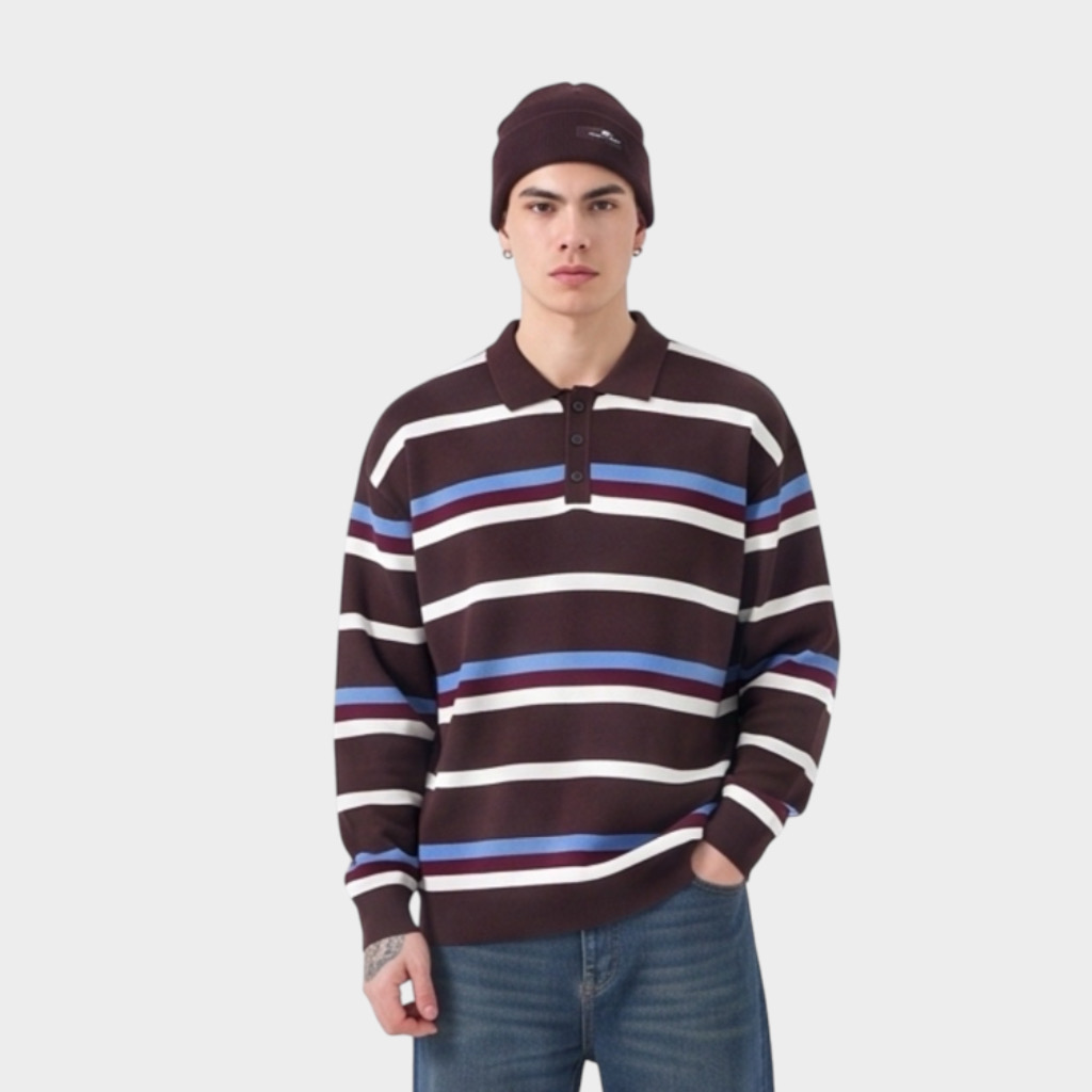 IMG 3987 Μπλούζα Ριγέ Με Polo Γιακά Καφε