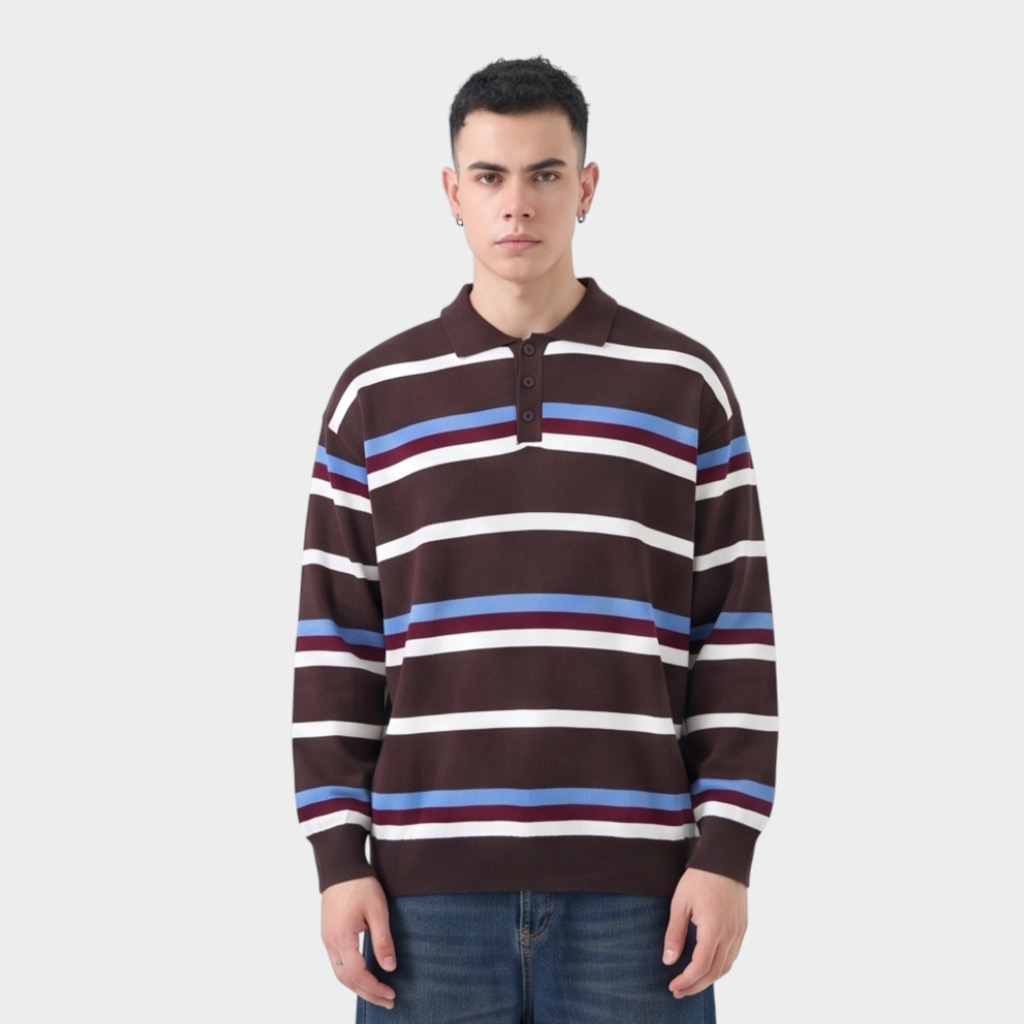 IMG 3988 Μπλούζα Ριγέ Με Polo Γιακά Καφε