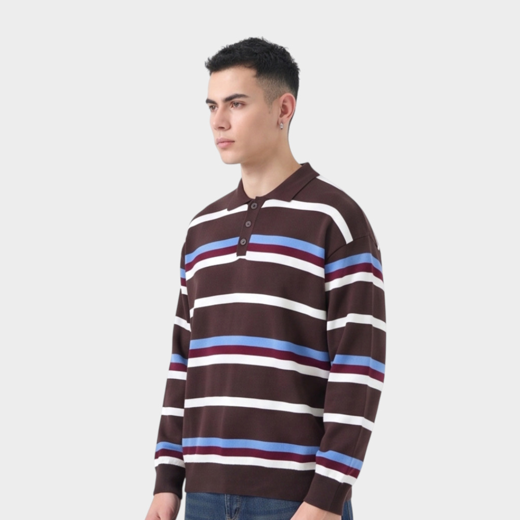 IMG 3989 Μπλούζα Ριγέ Με Polo Γιακά Καφε