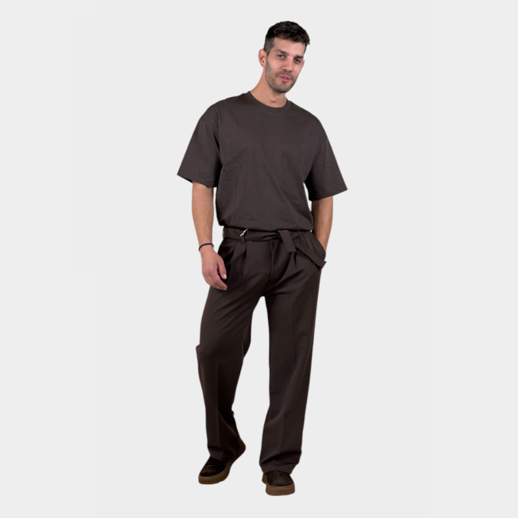 IMG 4692 Παντελόνι Relaxed Fit Με Πιέτες Και Ζώνη Cacao