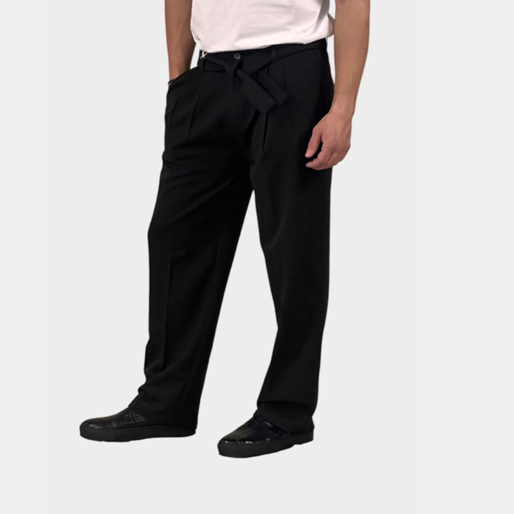 IMG 4713 Παντελόνι Relaxed Fit Με Πιέτες Και Ζώνη Μαύρο
